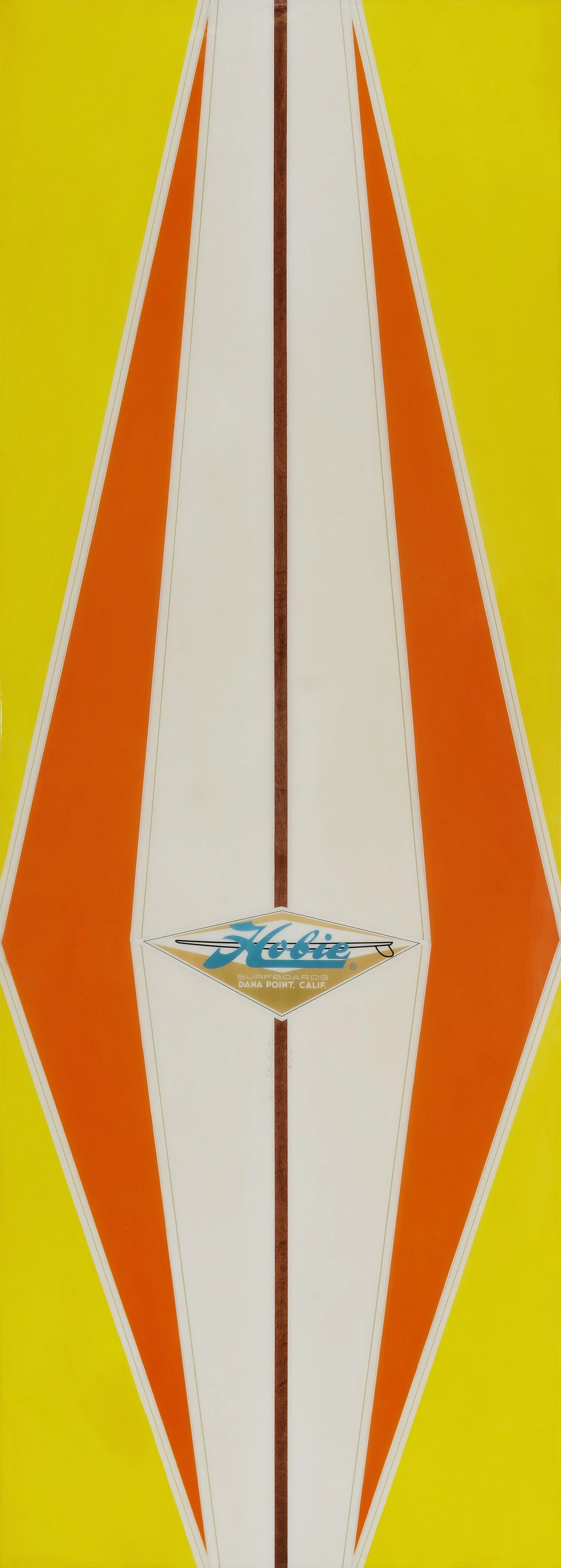“Hobie # 42 Bellyboard” oil, acrylic, paper and resin on panel 90'' x 32'' 2011