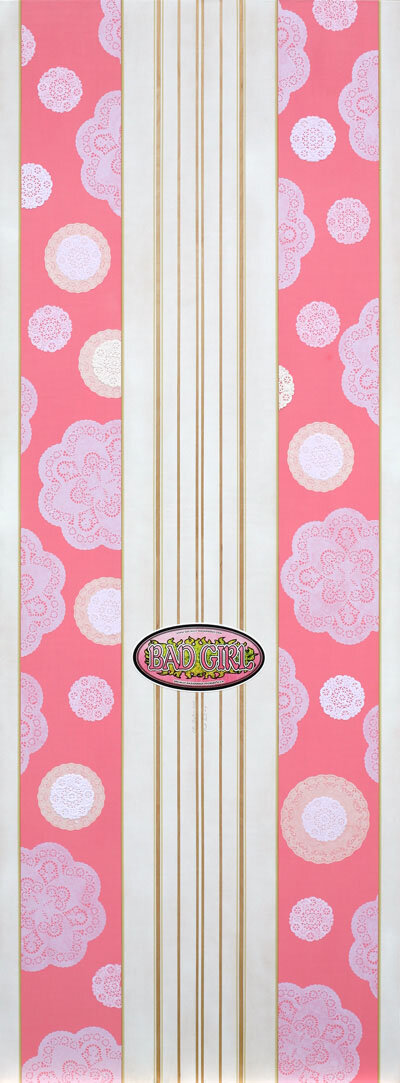“Bad Girl # 5 Chrissie” oil, acrylic, paper, spray enamel with resin on birch plywood 96'' x 36'' 2008