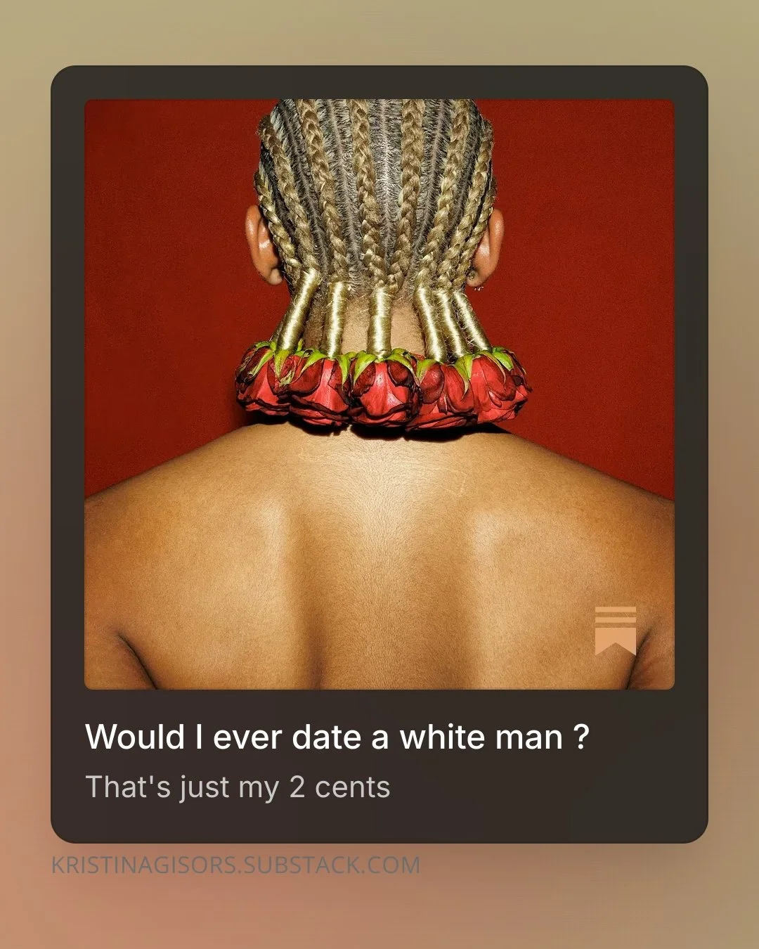 Back view of a person with blonde braids, wearing a necklace made of red roses, against a red background.