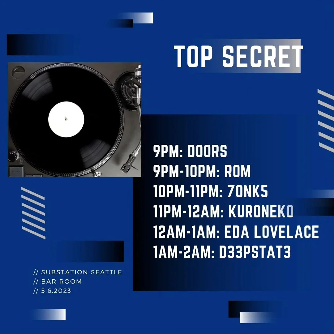 Lineup and set times for @substation.seattle this Saturday for Top Secret are here 🤫 Doors at 9pm with no cover
