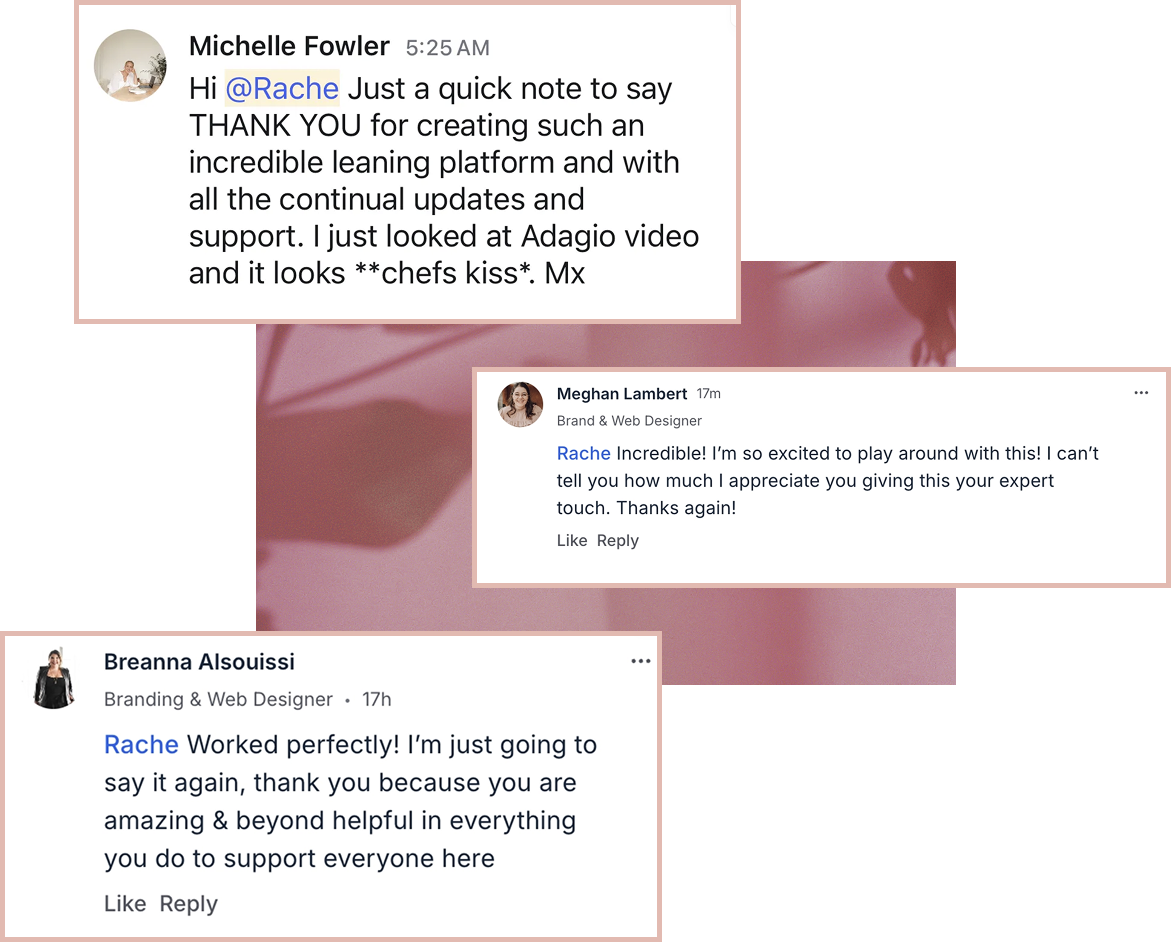 Three testimonial messages from Standout Squarespace community members thanking Rache for the platform and her support, displayed as overlapping cards on a soft beige background.