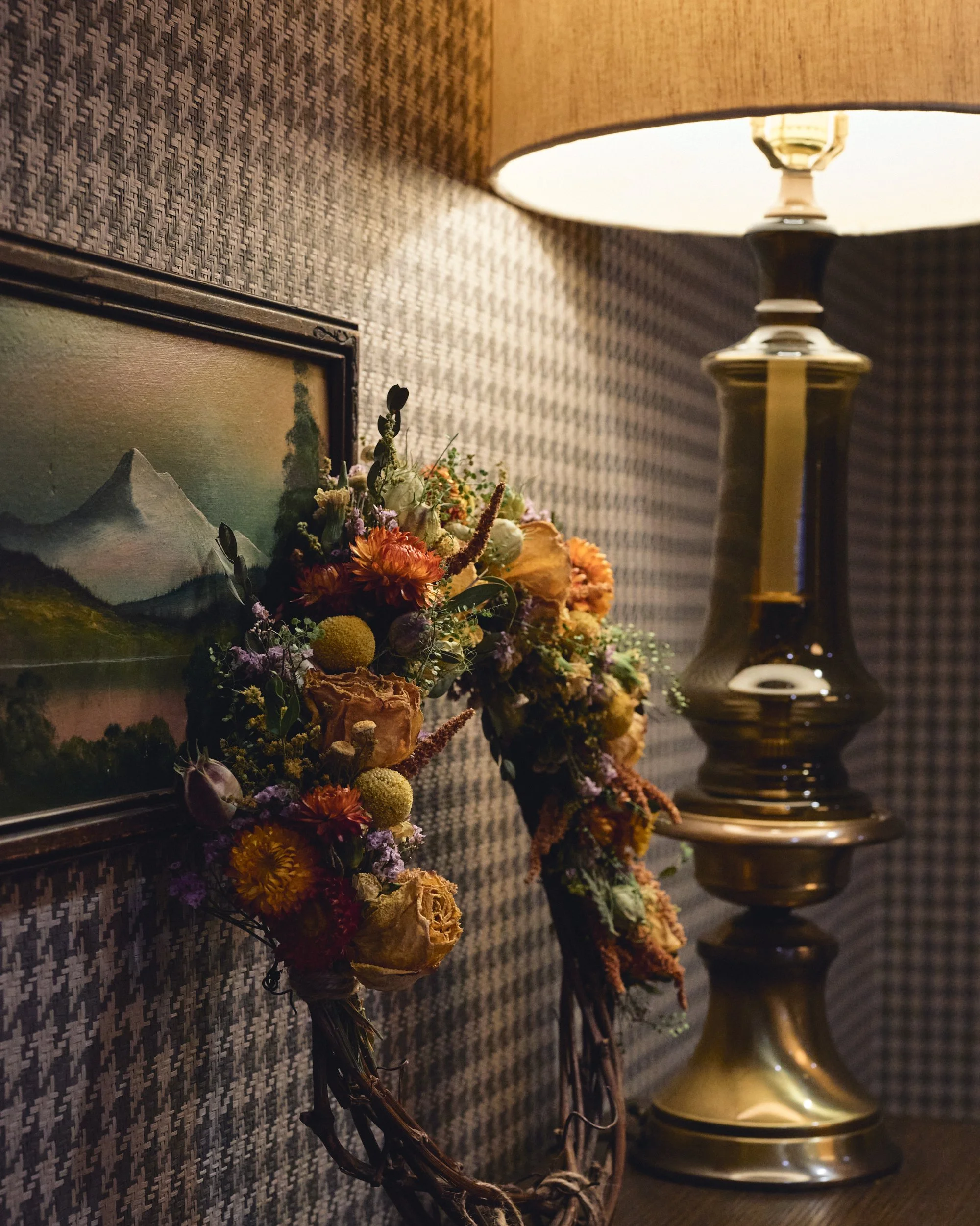 A dried wedding floral arrangement by Christina at Smiling Frog Farm in Cottage Grove.
