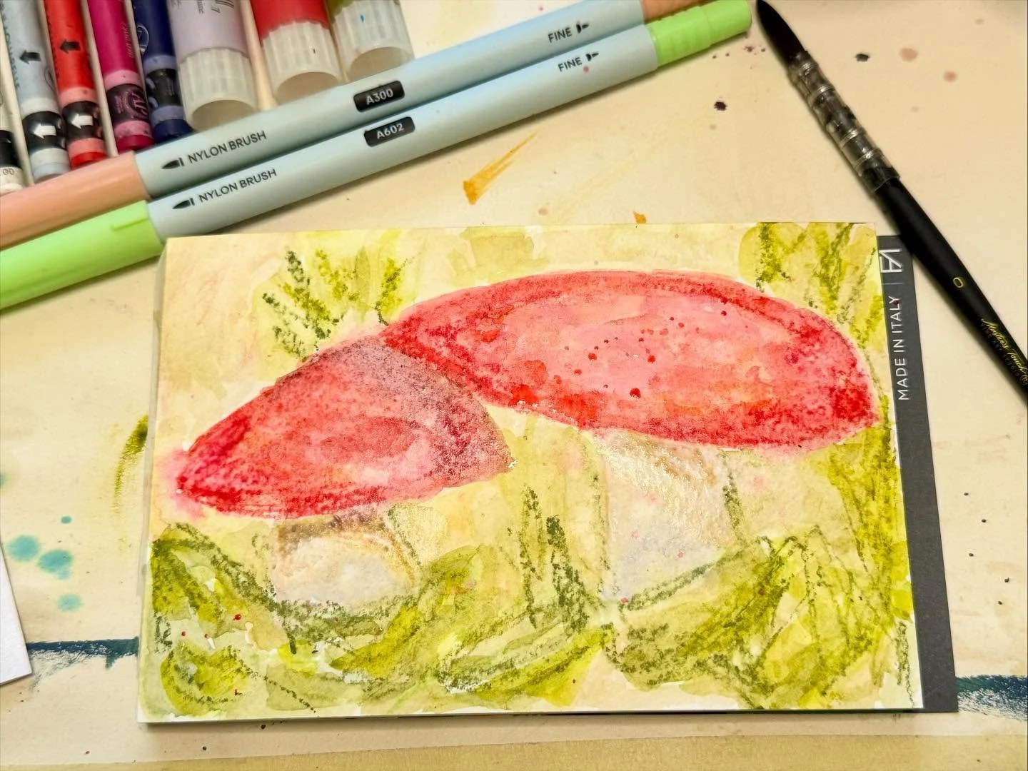 A walk in the yard lead to a sweet little mushroom find and then into a quick painting 😊