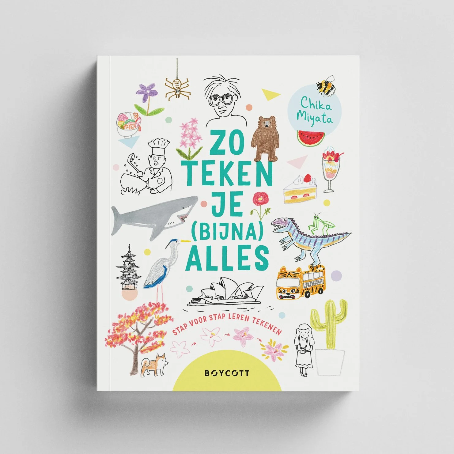 Omslagontwerp van Zo teken je bijna alles van illustratrice Chika Miyata, ontworpen door Maarten Deckers