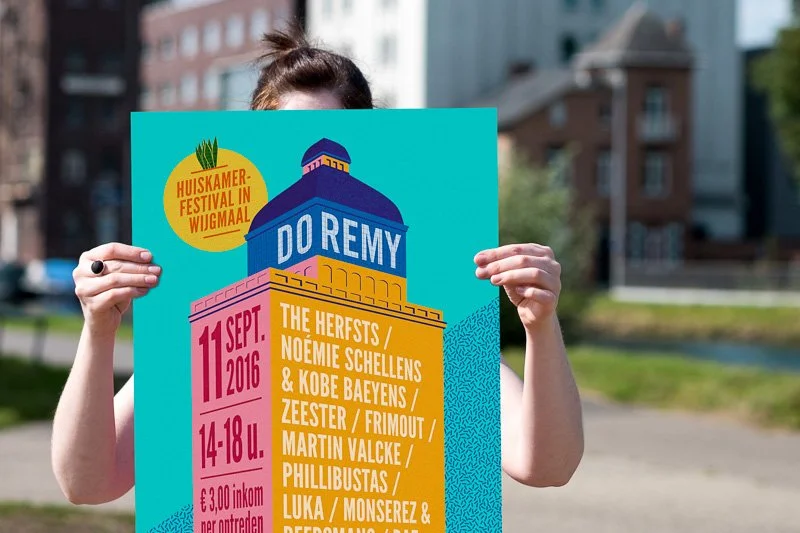 Brand identity voor DoRemy, een reeks huiskamerfestivals in Wijgmaal, ontworpen door Maarten Deckers