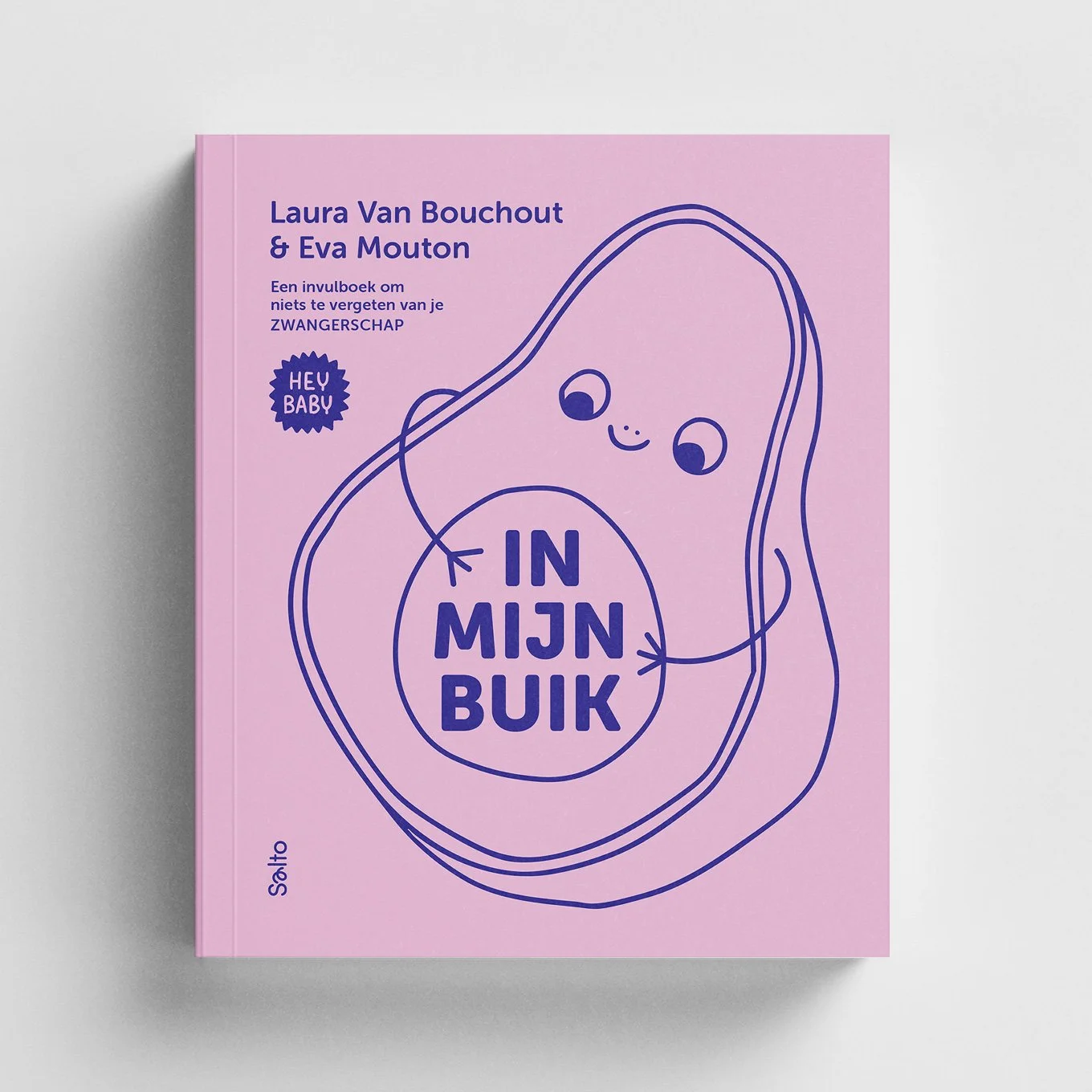Coverontwerp voor het Hey Baby zwangerschapsinvulboek van Evan Mouton & Laura Van Bouchout, ontworpen door Maarten Deckers