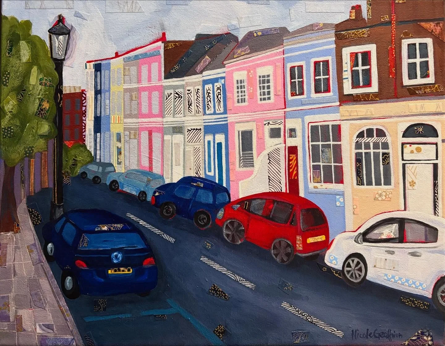Portobello Road in Notting Hill was one of the many streets we walk along, and this neighborhood is the cutest I saw with all its colorful houses.
They were very inspiring to paint!
 
Portobello Road in Notting Hill, London
11x14x.75
Mixed media on c