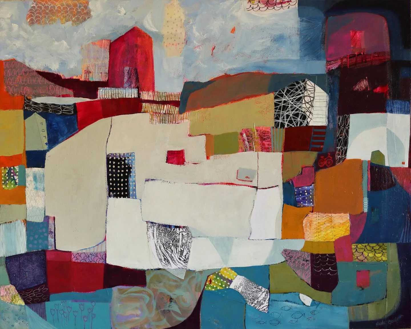 Voilà this painting in its full size, 24x30. I like to see it in those different decor with various colors around and how it reveals more the section associated with these decor. Each decor make different part of the painting more dominant and