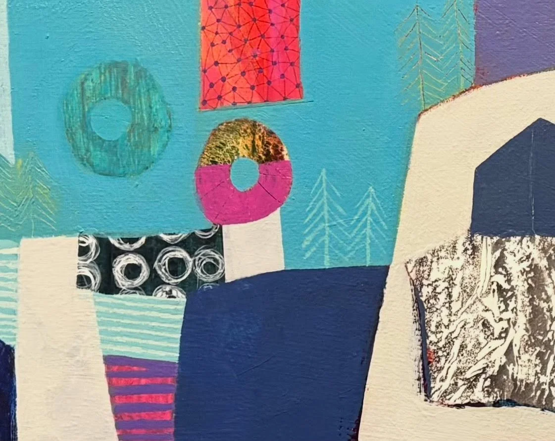 These three sections are fragments of a new painting, soon to be available. 

I did enjoy applying my selfmade design paper into it through the process. They are now like little surprises or  secrets to finds in the story of this painting. 

I am alr