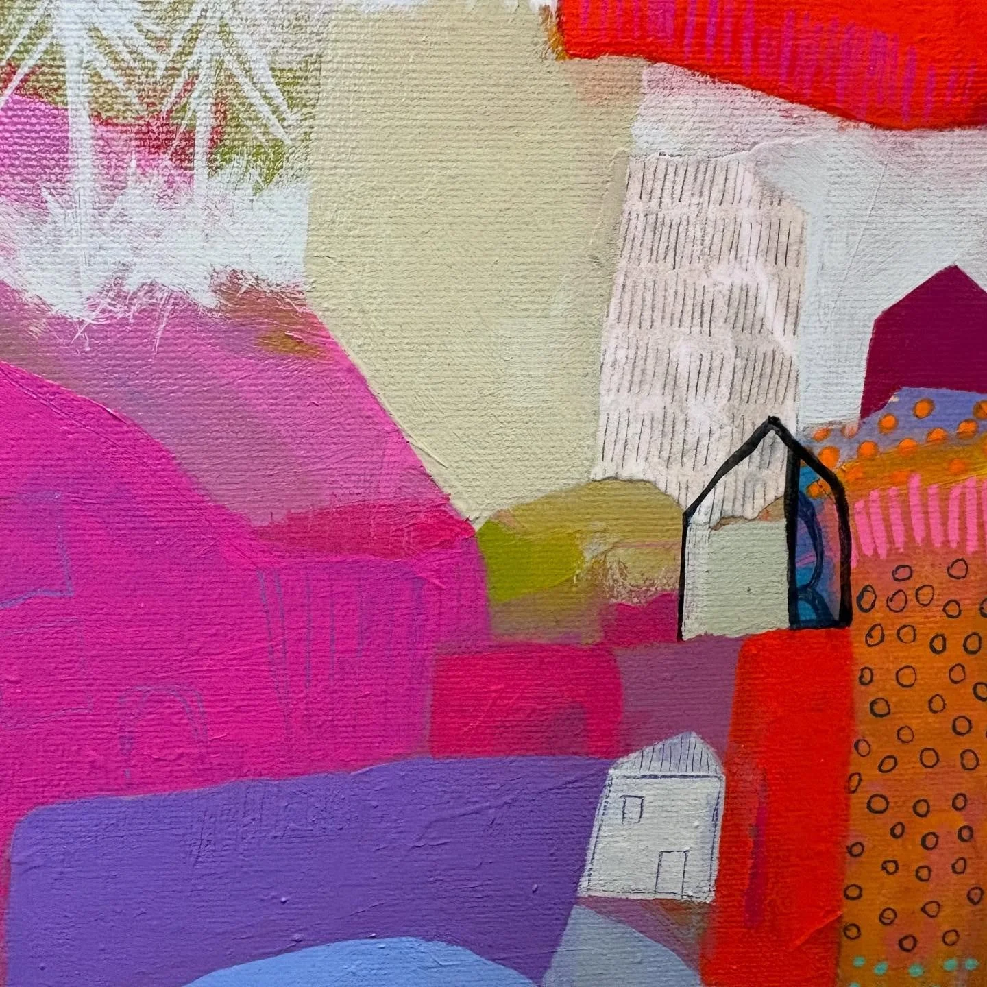 "Close up on wheels"
This is one of my recent works, done with collage paper and paint. I enjoy making the paper collage and selecting the piece at first and place them before I even start working on the painting. It&rsquo;s a real joy when