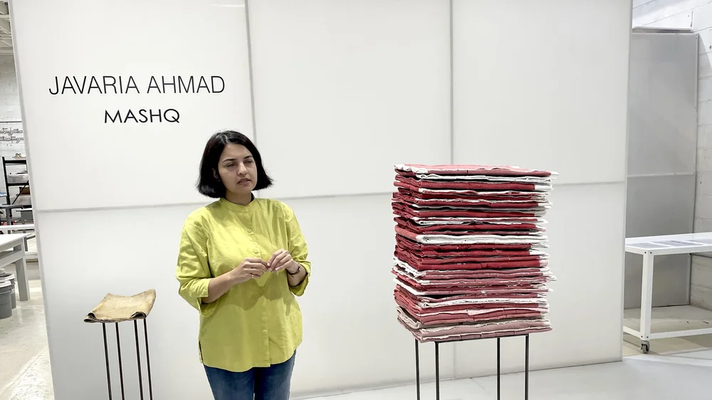 Javaria Ahmad at Sculpture Space NYC, with her piece, The Weight of Wait, 2023, photo by AWOL. (Copy)