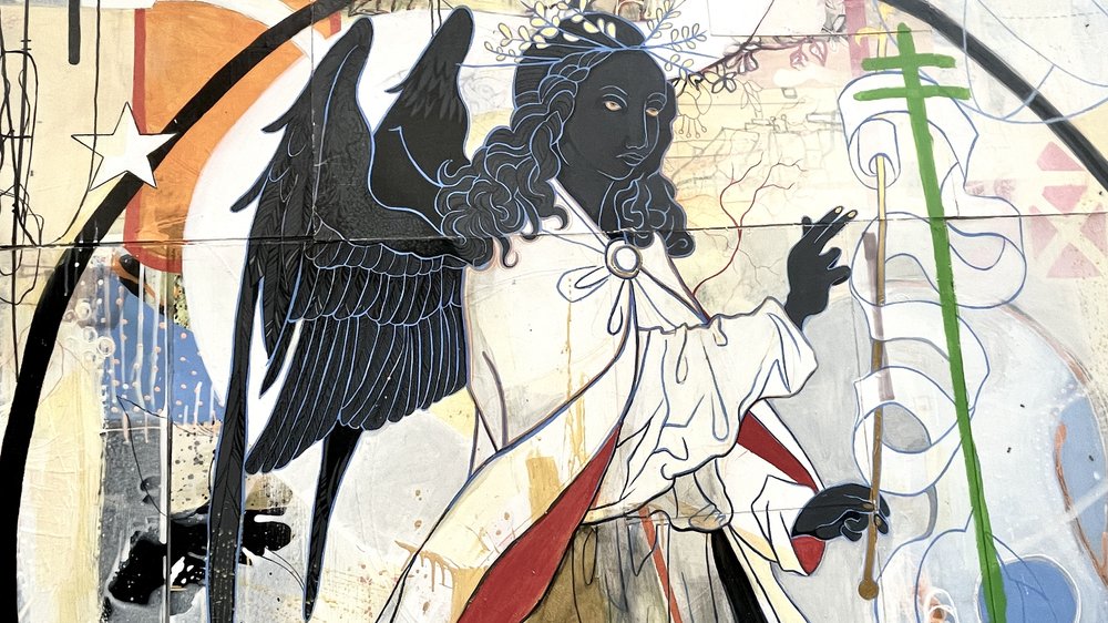 Black Angel, Augustine Boyce Cummings, 2015, acrylic, graphite, conte, ink, hemp, grommets, museum board, archival matt on canvas, 85"x96". Photo by AWOL.  (Copy)