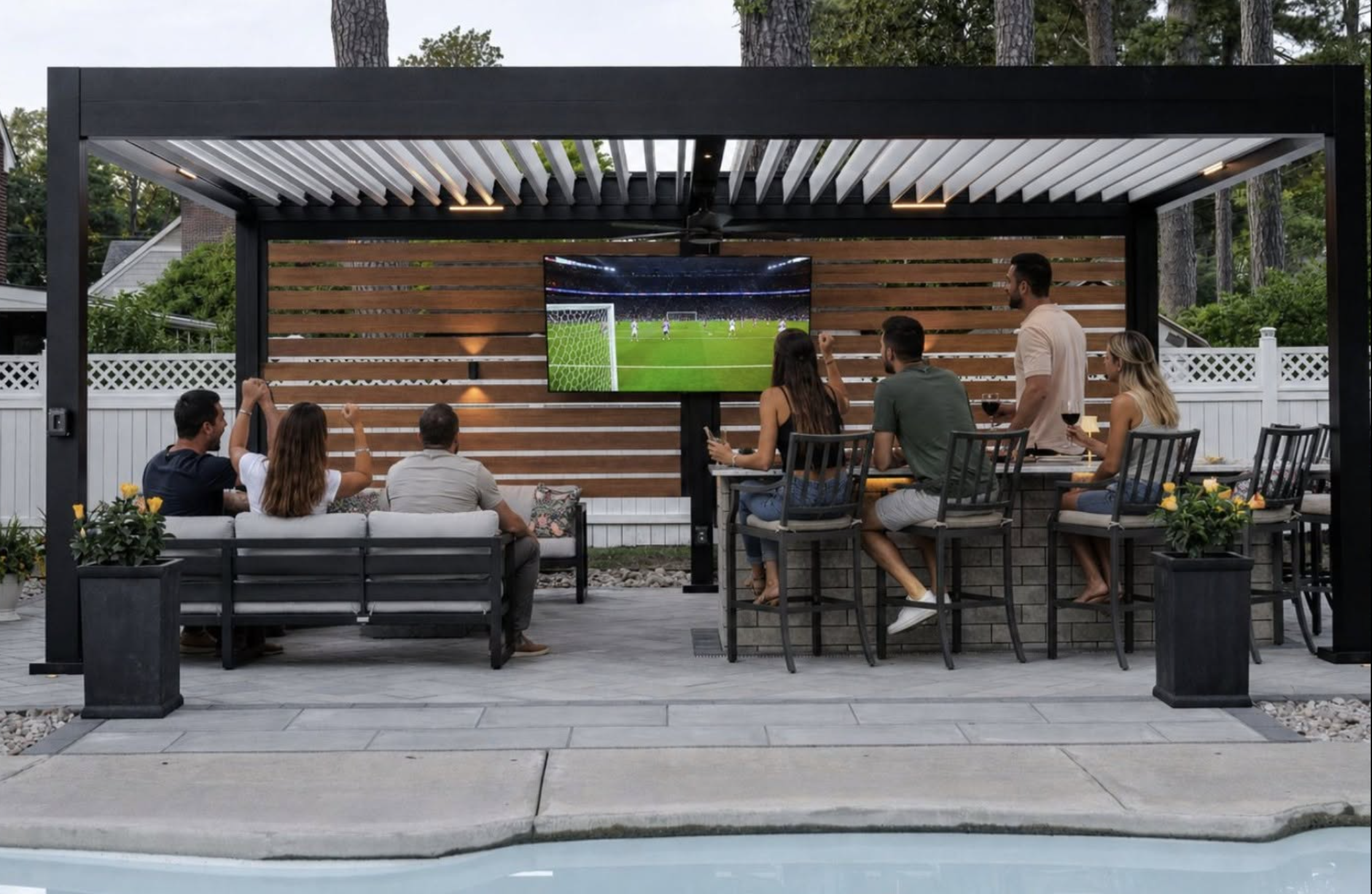 Group of six people watching a soccer game on a large outdoor TV screen under a pergola in a backyard.