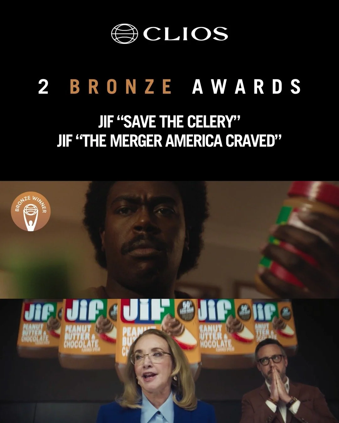 Two killer JIF campaigns. Two Bronze Clios. Huge congrats to our friends at BBH! We&rsquo;re proud to have brought the sound to life on both of these unforgettable campaigns. #SaveTheCelery #TheMergerAmericaCraved