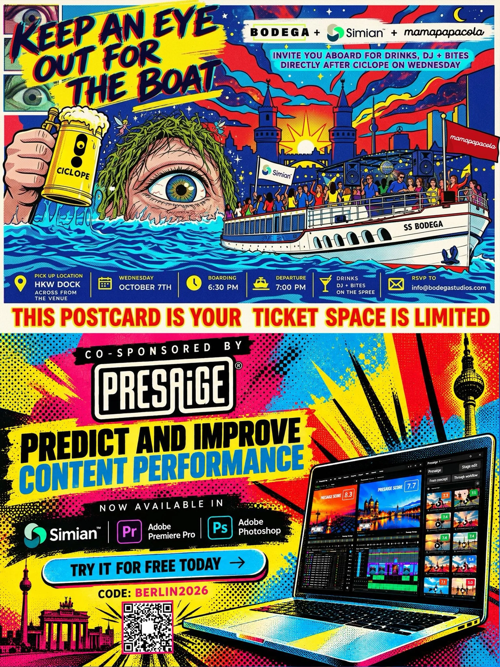 CICLOPE After Party, on a boat. 🚤 Keep an eye out for BODEGA as we set sail with our friends at @gosimian, @mamapapacola + @presaige for drinks, DJ + bites directly after CICLOPE. Boarding starts at 6:30pm right across from the venue; we&rsquo;ll le