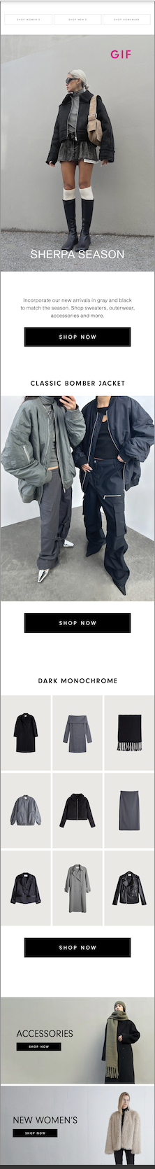 Fashion advertisement for Sherpa season clothing, featuring a model in a black bomber jacket, gray sweater, and skirt paired with knee-high boots; includes sections for dark monochrome outfits, accessories, and new women's outerwear.