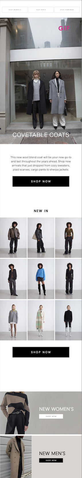 Web page featuring women's and men's coats with fashion models displaying different outfits in a storefront setting.