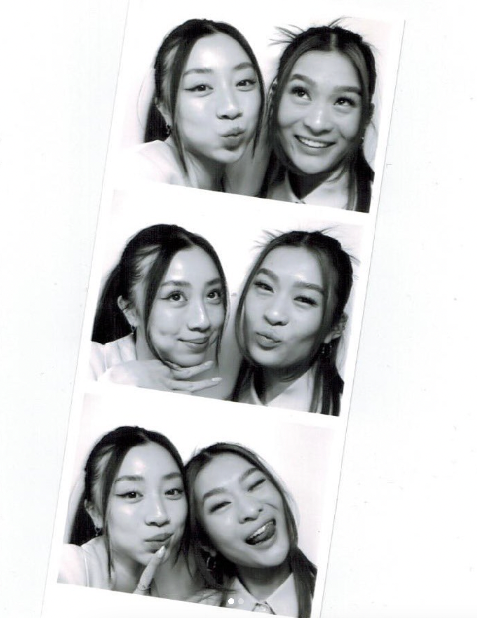 Three black-and-white photo booth strips showing two women making different facial expressions and posing playfully together.