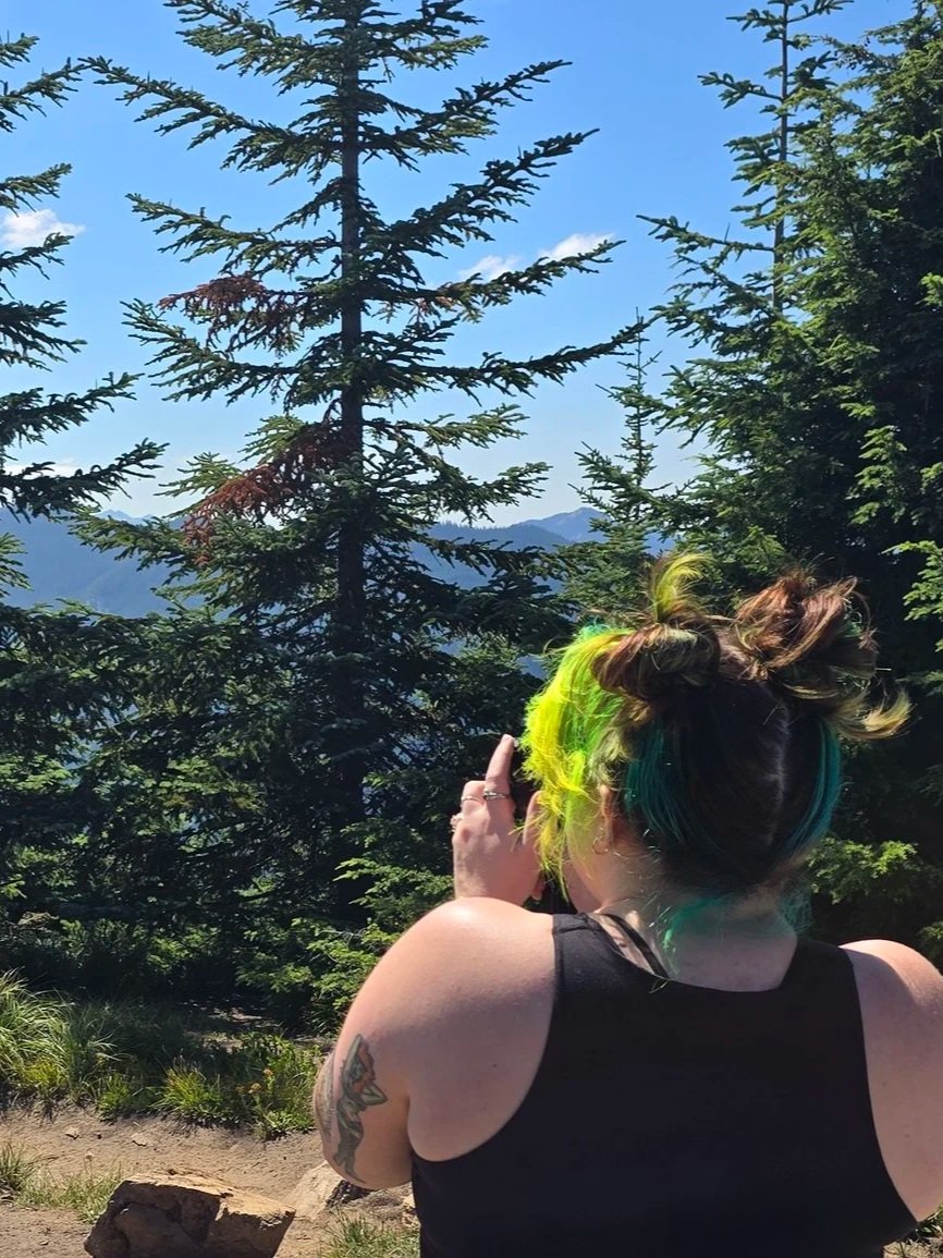 A photo of Kathleen taking a photo in a lush green forest with mountains and a blue sky in the background. Kathleen is an editorial and documentary focused wedding photographer serving NYC, DC, New England, and destination.