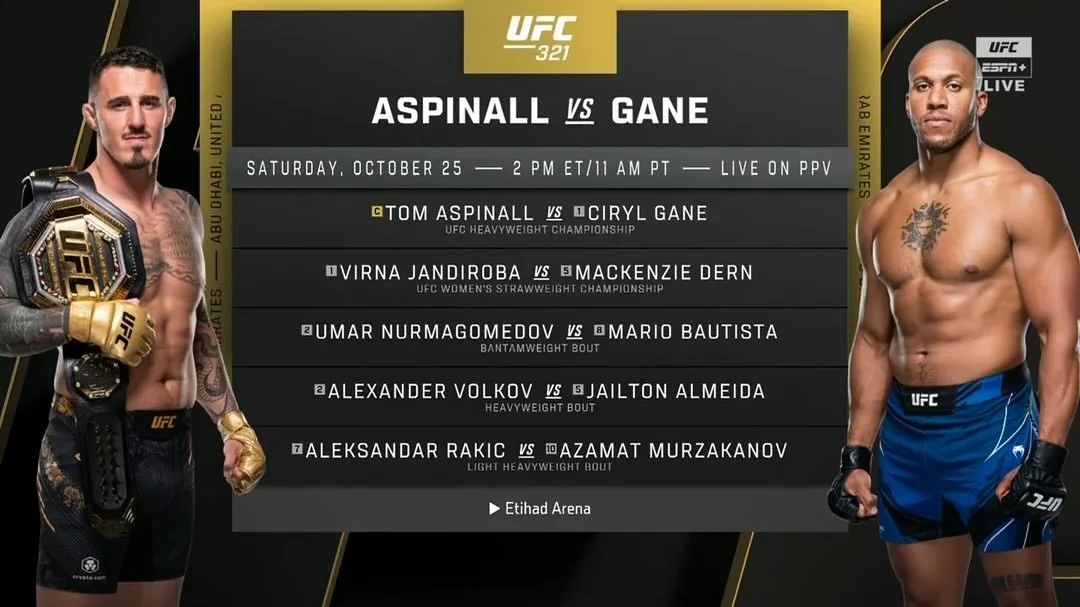 It’s time to clear your Saturday schedule… the octagon is heating up π₯
#UFC321: Aspinall vs Gane for the HEAVYWEIGHT TITLE π
π
 Saturday, Oct 25
π 2PM ET | LIVE from Abu Dhabi
π Hometown Sports Grill- the best seat outside the aren