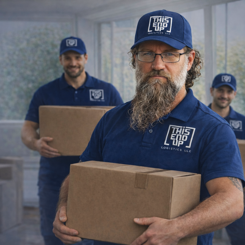 Three men in blue company uniforms and caps holding cardboard boxes in a bright, industrial setting.