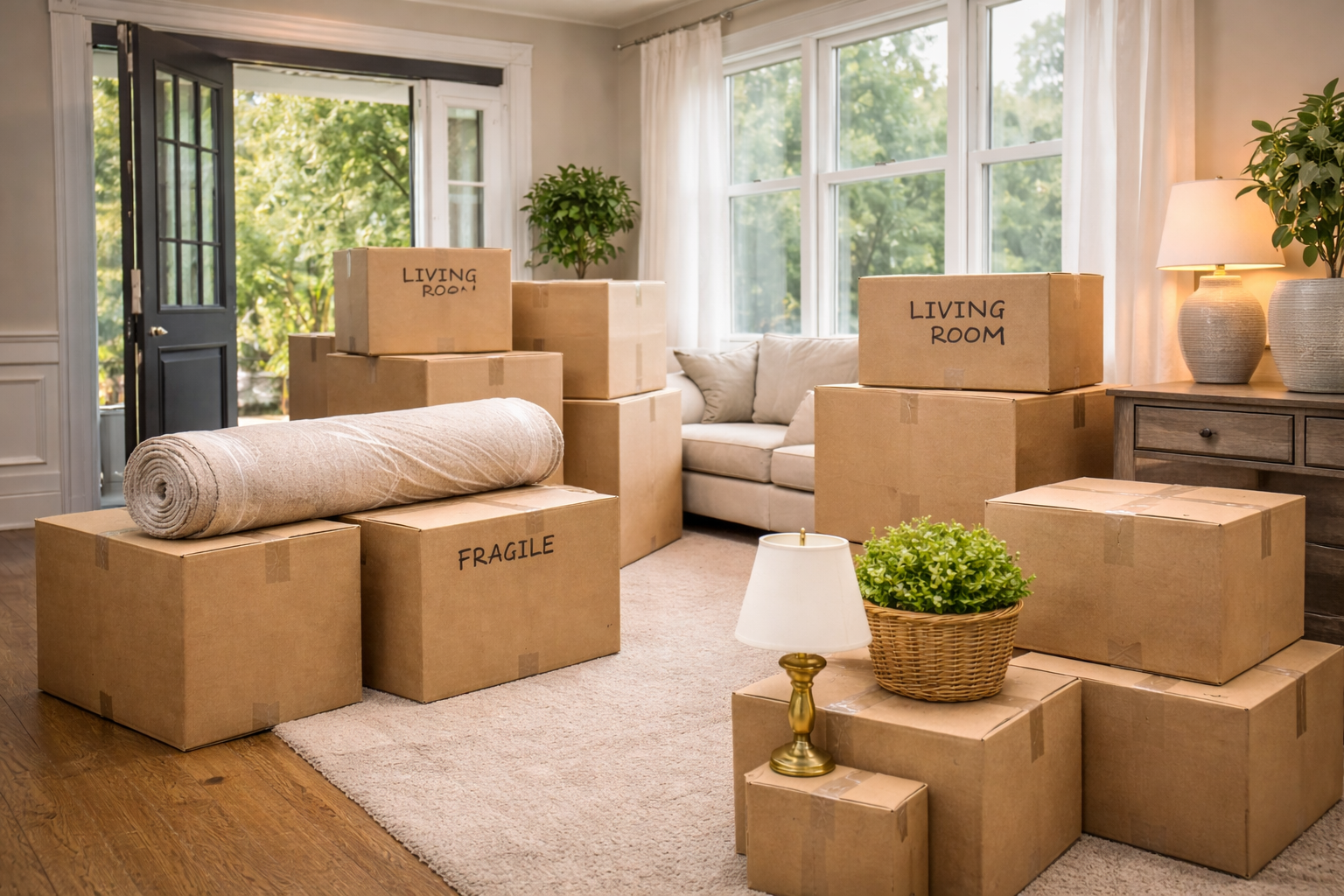 Living room filled with packed moving boxes, a rolled-up rug, a side table with a lamp, and a basket of plants, with open door leading to outdoor greenery.