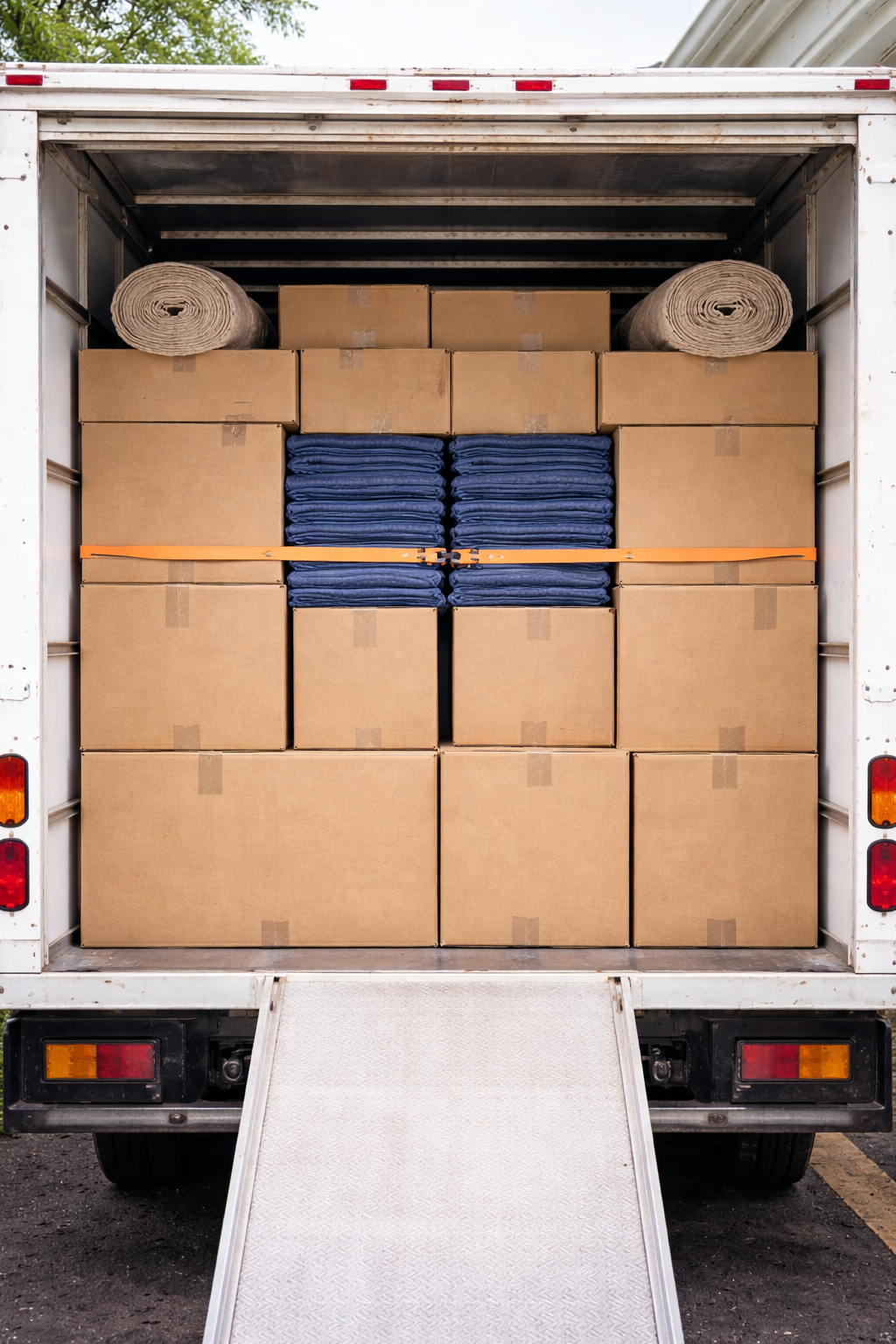 The back of a truck loaded with evenly stacked cardboard boxes, neatly folded blue blankets, and two large rolled-up mats, with the tailgate down and a ramp extending to the ground.