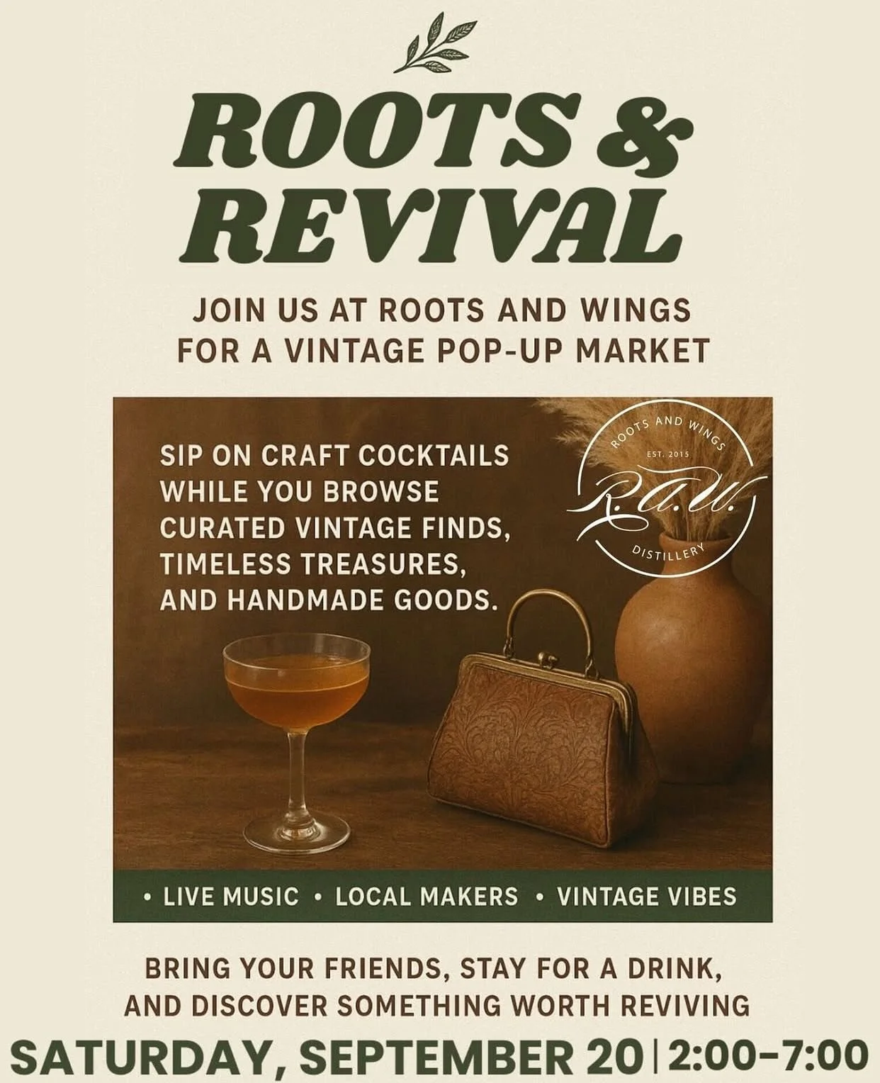 Roots + Revival Pop Up Vintage Market this SATURDAY Sept 20th 2-7pm 

It&rsquo;s going to be a fun one full of Vintage treasures (I&rsquo;ve been clearing out some of my cool finds too!!) 

Come out for an evening of music, good food + drink and sust
