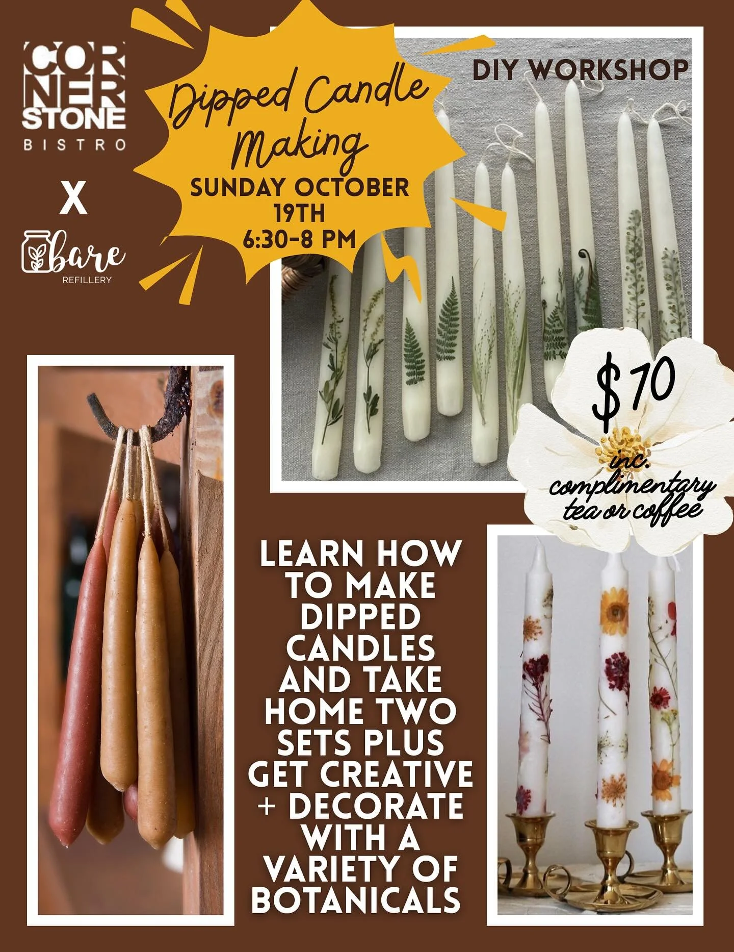 ✨ It&rsquo;s that time of year again &mdash; DIY Workshop Season is here! ✨

We&rsquo;re kicking things off with one of our coziest favourites: Dipped Beeswax Candle Making 🕯️

Join us at @cornerstonebistrobc in Pemberton Heights, North Van on Sunda