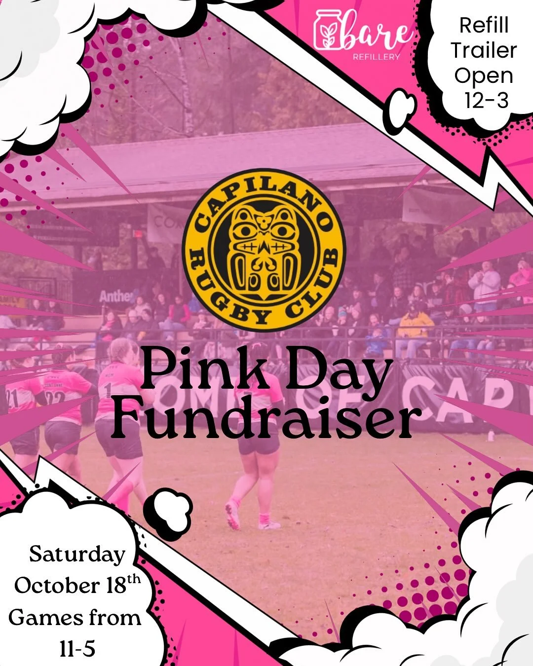 Rugby for the Cure 🎀 🏉 

Saturday October 18th 11-5 @capilanorfc 

Five games, jersey presentations, silent auction, tacos, drinks AND the refill trailer will be open from 12-3 with proceeds from sales going to the fundraiser so help us make it a g