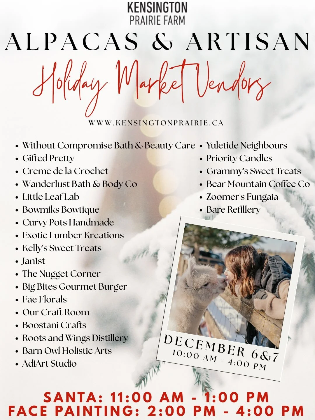 Join us for a truly magical holiday experience at Kensington Prairie Farm&rsquo;s Alpacas &amp; Artisan Holiday Market on December 6 &amp; 7 from 10 AM &ndash; 4 PM!
Wander the farm, meet the alpacas (and yes&mdash;there are camels too!), and shop an