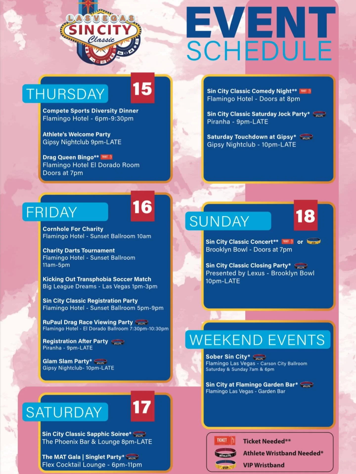 Some of you have already made your way to Las Vegas.  Many of you arrive today.  Looking for some entertainment?  Here is your event listing for the weekend.  Please note if you need a ticket, tourney bracelet or VIP wristband. 

Also note:  Piranha 