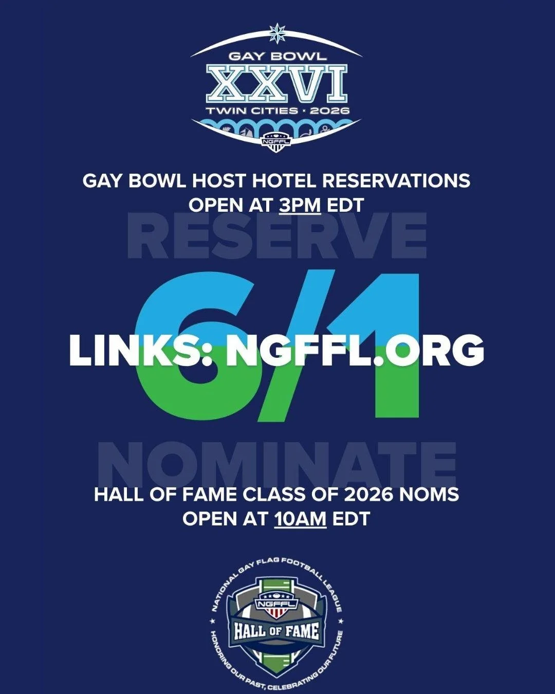 June 1 is a big day for the NGFFL. 🏨 Gay Bowl XXVI host hotel reservations are now open! 🏈 Hall of Fame Class of 2026 nominations are open! Whether you're planning your trip to Twin Cities or helping recognize the people who helped build our league