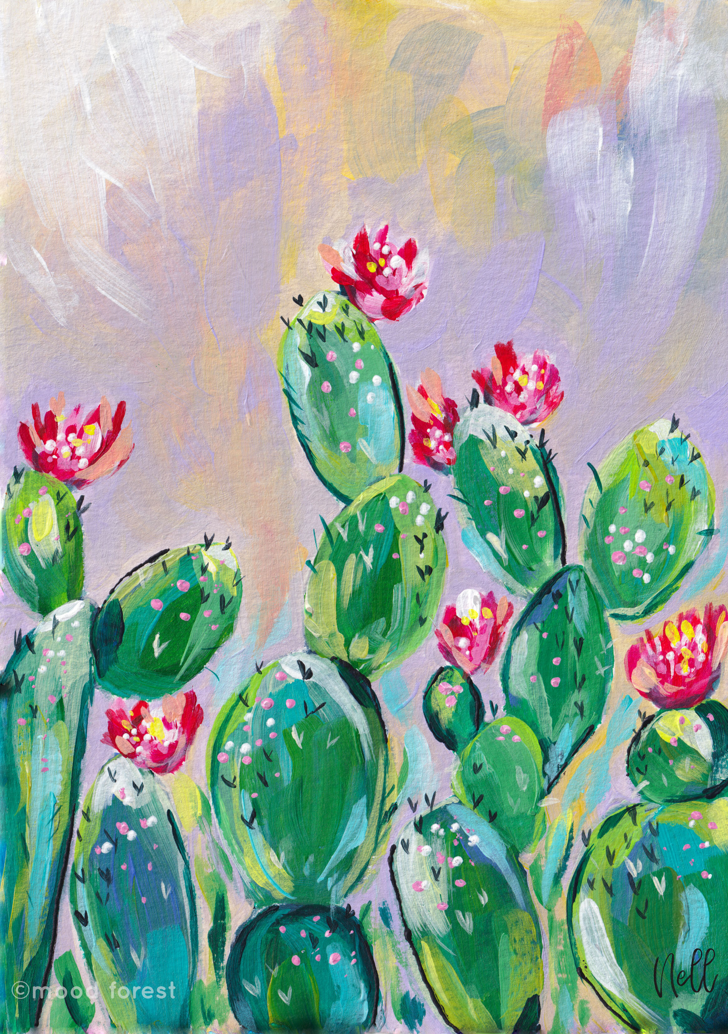 A cactus garden in the evening light botanical original artwork mood forest 01