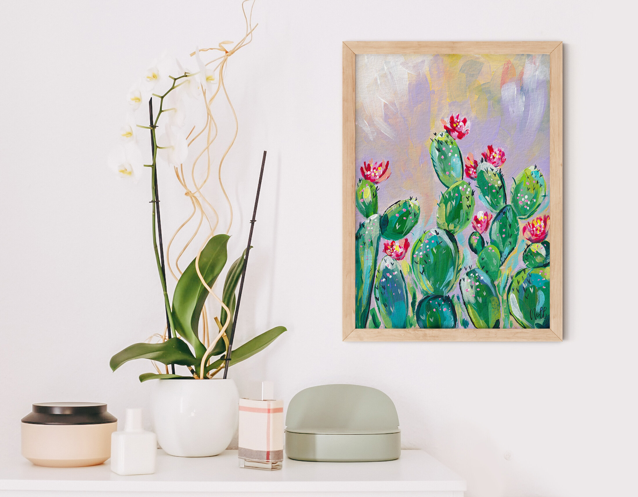 A cactus garden in the evening light botanical original artwork mood forest framed 03
