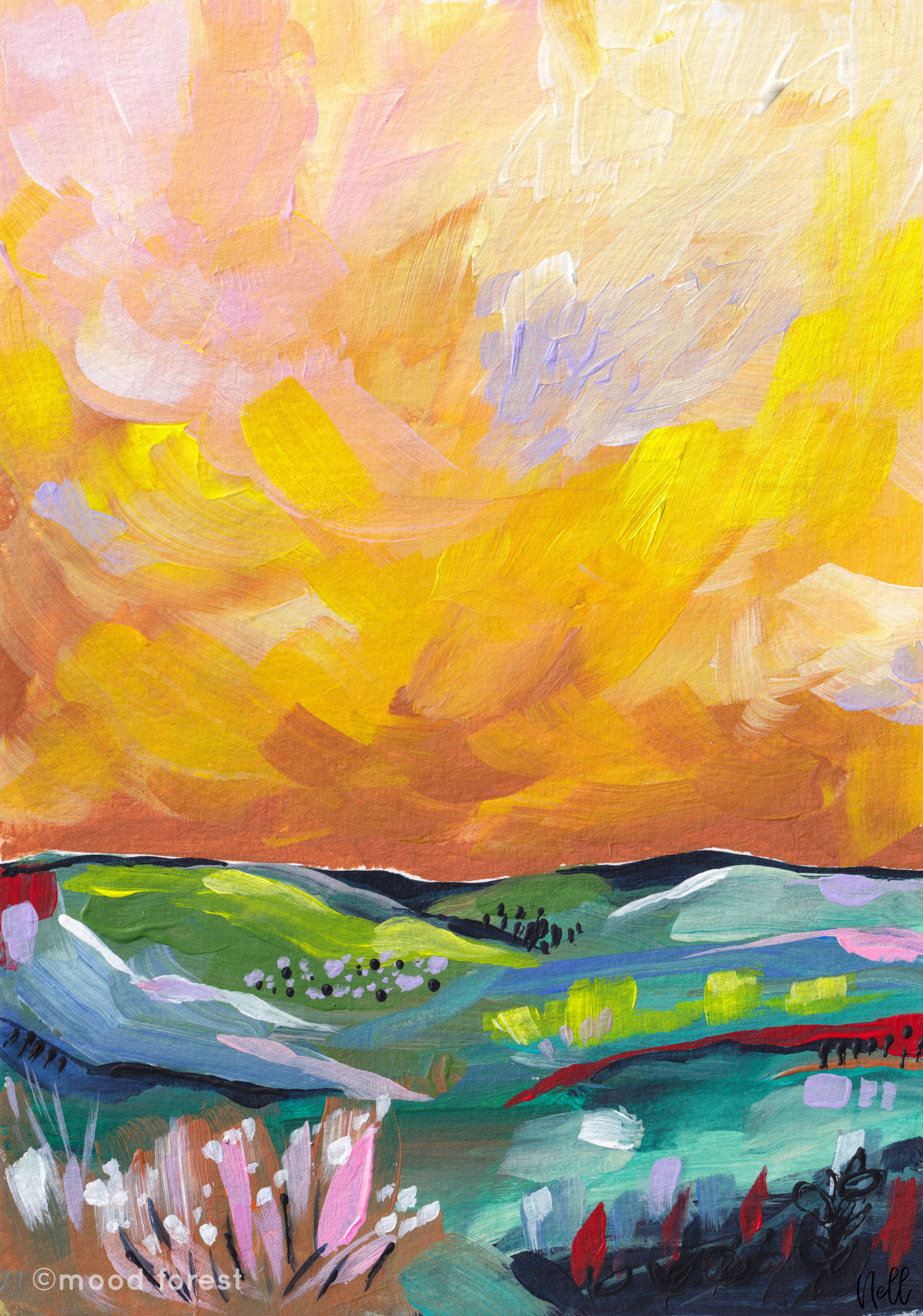 moody yellow skies abstract landscape original artwork mood forest 01