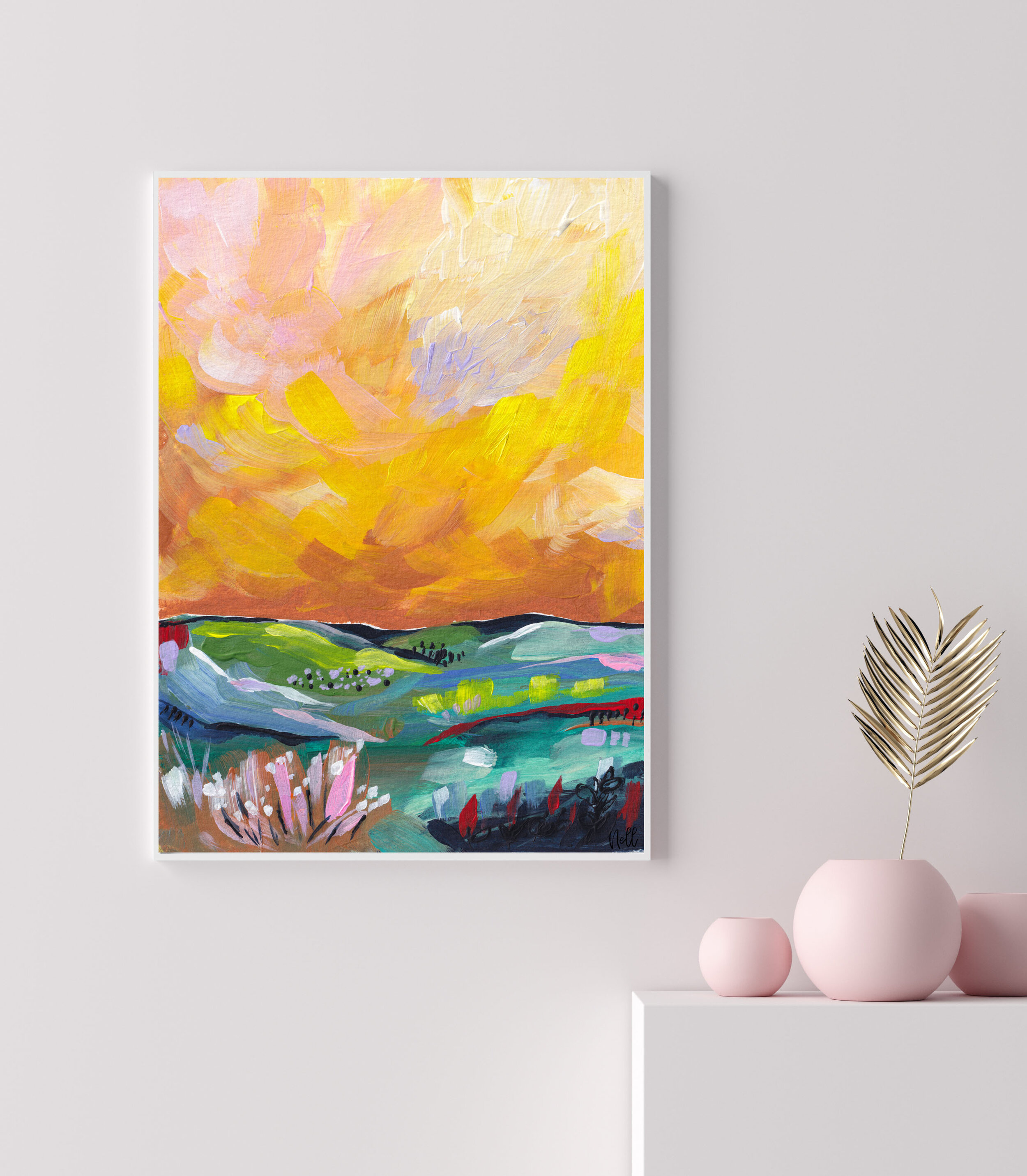 moody yellow skies abstract landscape original artwork mood forest framed 01
