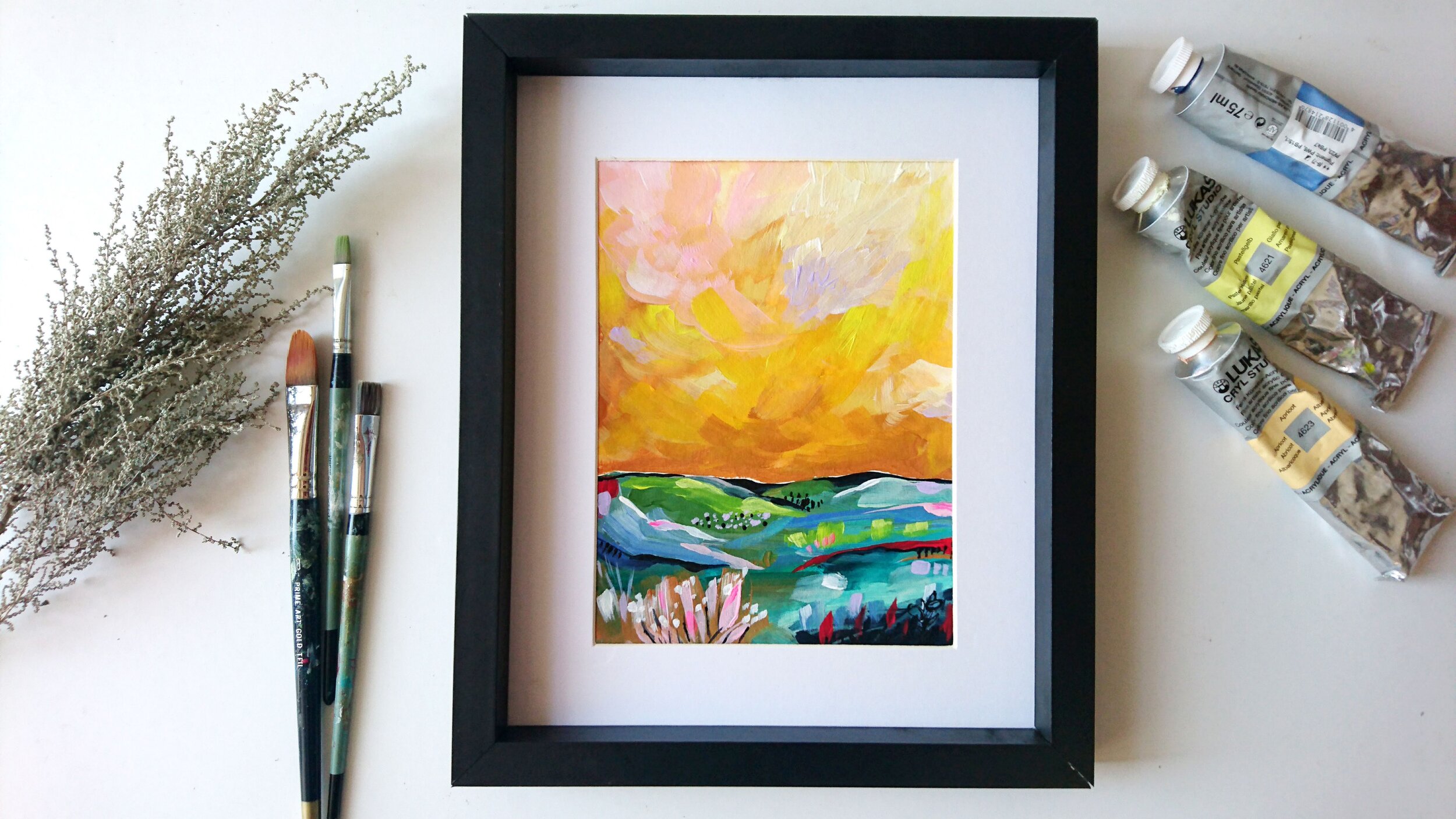 moody yellow skies abstract landscape original artwork mood forest framed 03