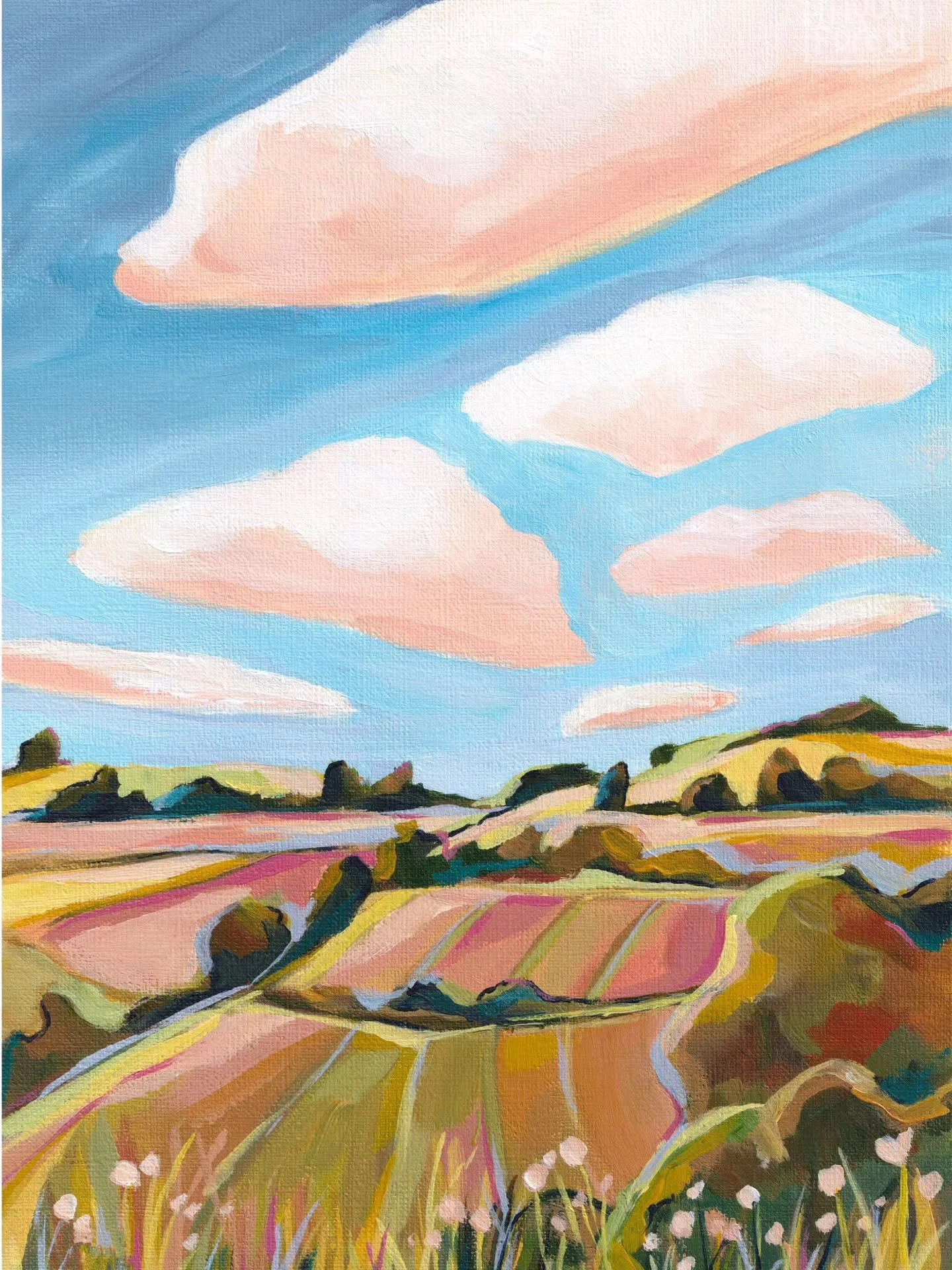 AUTUMN FIELDS // This cozy landscape painting is currently my personal favorite. It's sitting on my piano and bringing some colorful love to these grey winter days.

I used a palette of ocher yellow, rose and olive green to capture the colors of the 