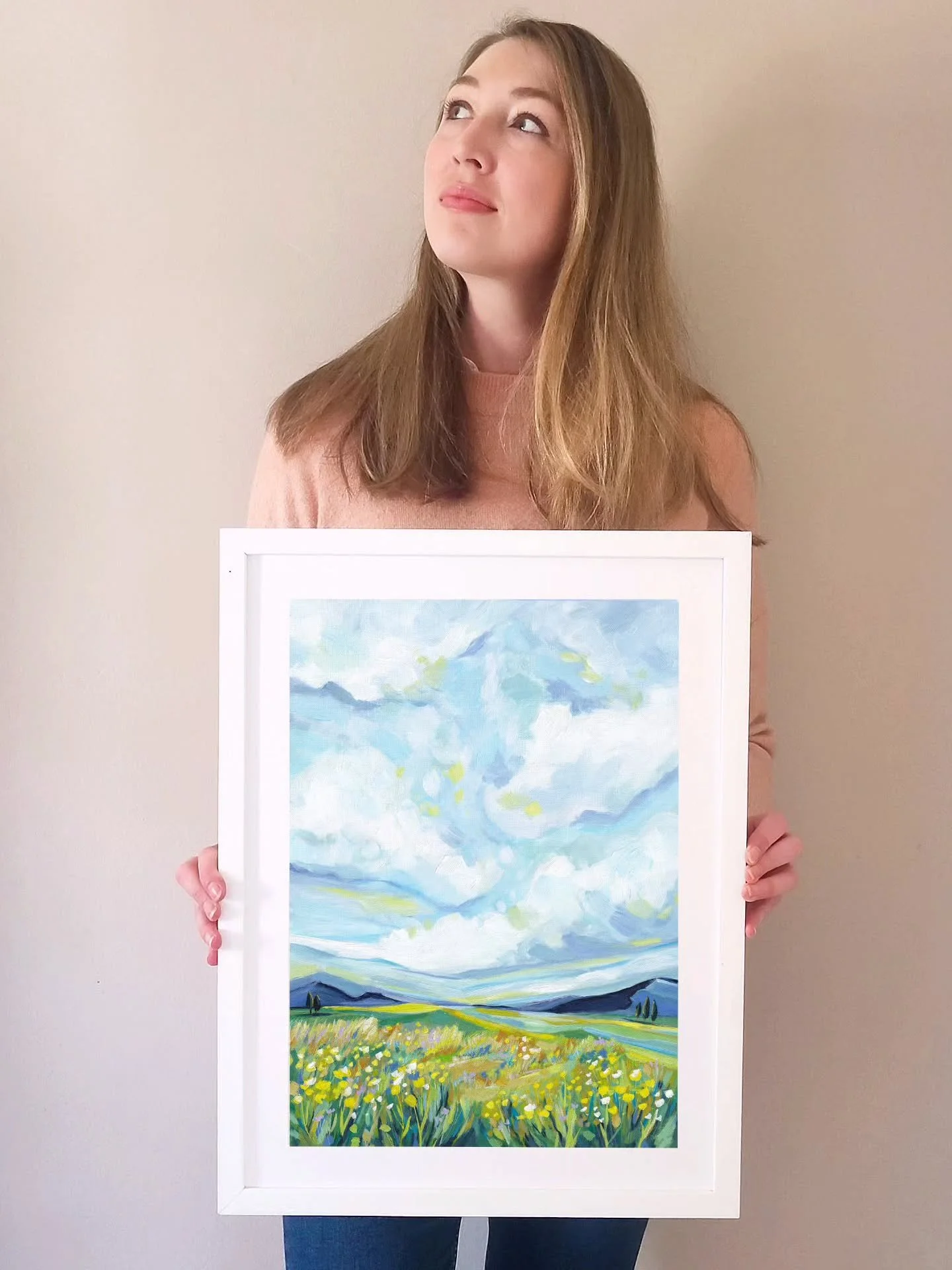 A new year, gently beginning 🌻

'In Peace' was inspired by the cool blues, fresh greens, and soft light of the countryside &mdash; a landscape painting created to feel open, steady, and unforced. With its rolling fields, distant hills, and a sky tha
