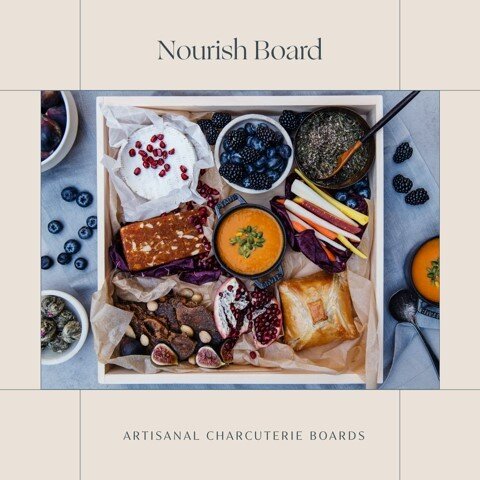 Introducing our Nourish Board! It features a selection of organic fresh fruit &amp; vegetables, a delicious brie en cro&ucirc;te, nutrient-dense carrot ginger soup, almond fig cake and a calming blend of organic loose tea with real fruit, flowers &am