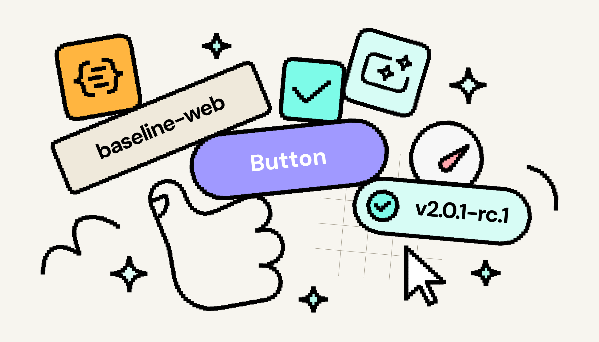 hand drawn illustration of a robot, code and a button