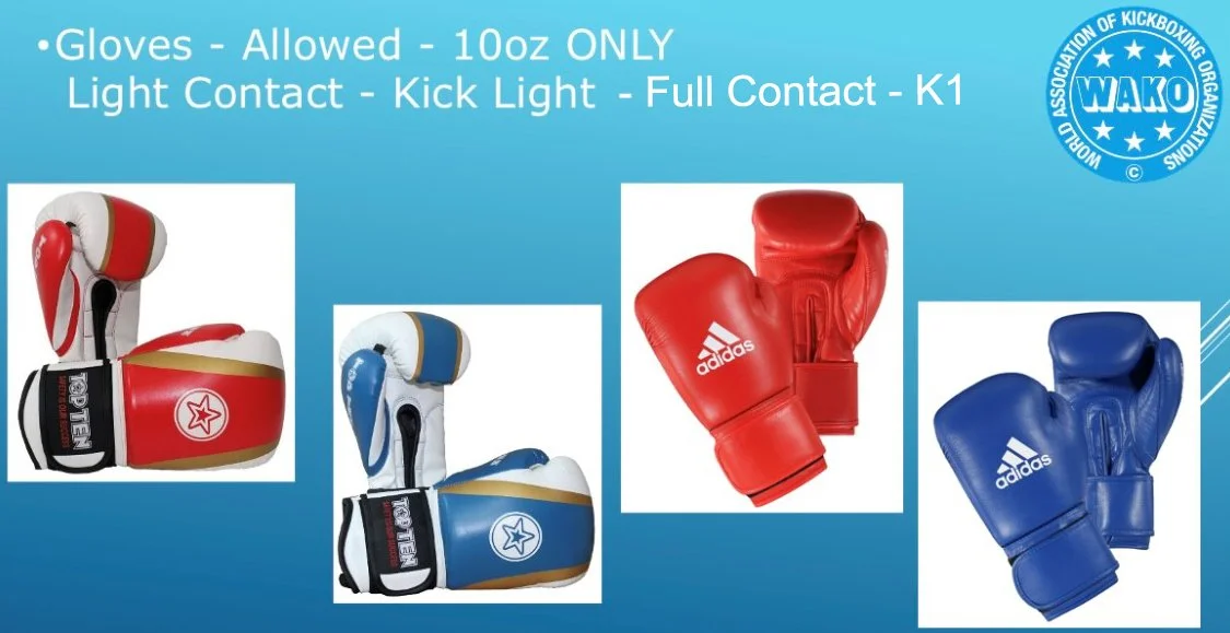 Image showing boxing gloves of different colors and designs with text indicating glove rules for kickboxing, and a logo of the World Association of Kickboxing Organizations (WAKO) in the top right corner.