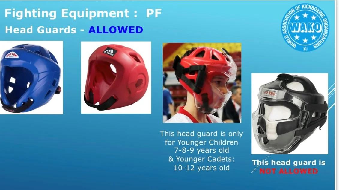 An informational graphic showing approved and not approved kickboxing headgear for different age groups. Approved helmets include a blue helmet for younger children (7-9 years) and a red helmet, also for young children. The black and clear helmet is 