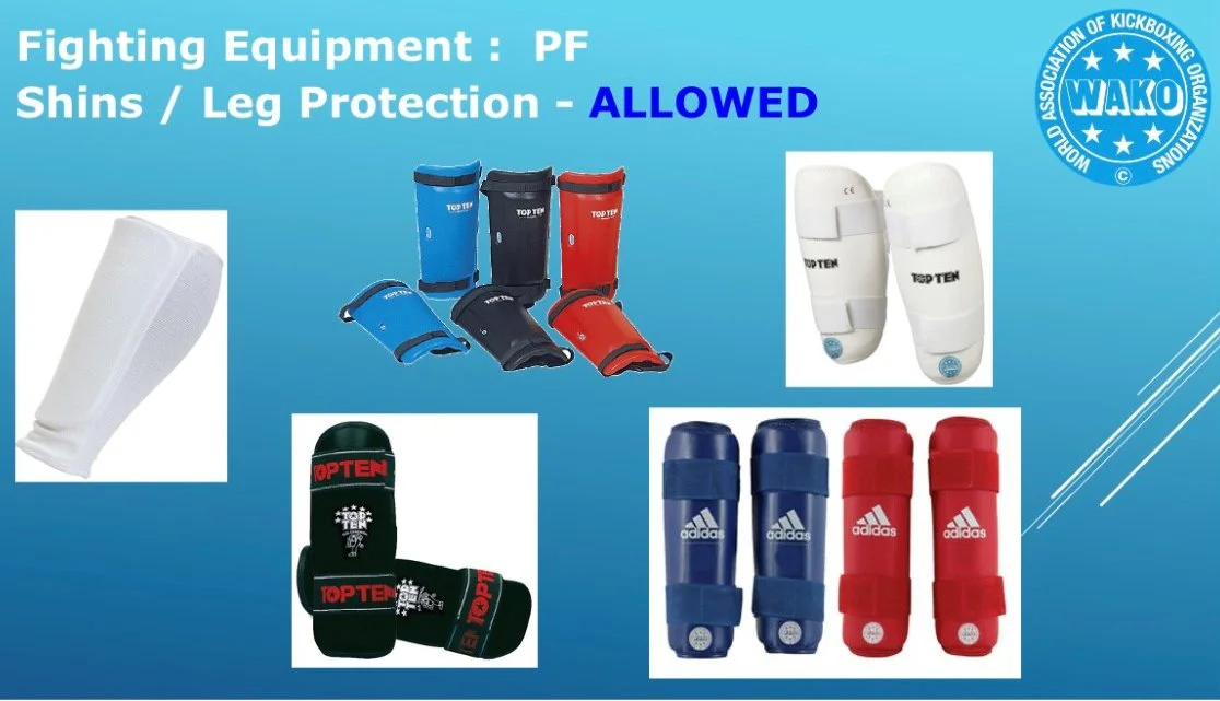 Image showing various protective gear for fighting, including shin and leg protectors in blue, red, and black, a pair of ankle guards in white, and foot guards in black, blue, and red, on a blue background with text about fighting equipment regulatio