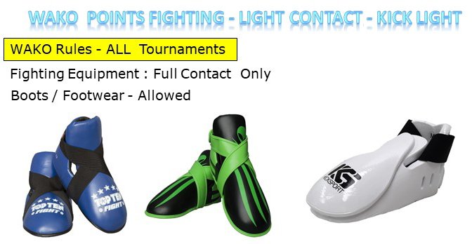 Image of three pairs of kickboxing equipment and rules for WAKO tournaments, including blue, green, and white protective footwear with the WAKO logo, and text outlining fight rules and gear guidelines.