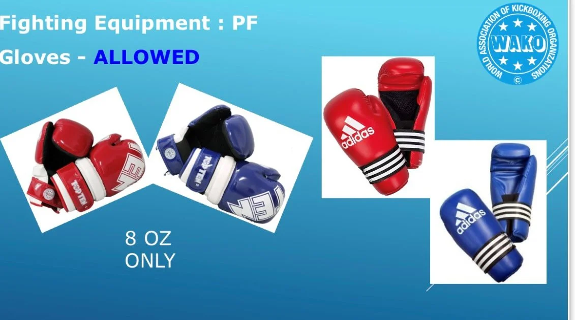 Fight equipment rules by WAKO, showing allowed boxing gloves in red and blue, each weighing 8 ounces. The image includes the WAKO logo at the top right.