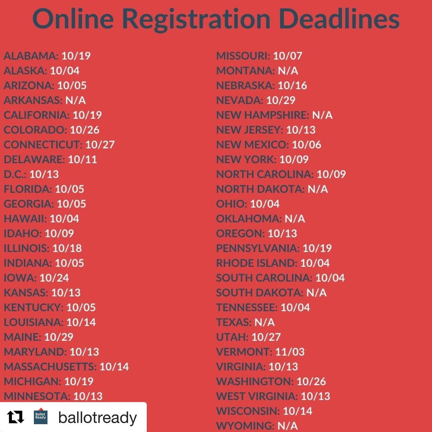 Know your voter registration deadlines.

Repost from @ballotready
・・・
2020 is all about options;⁠
👉 How you register to vote⁠
👉 How you plan to vote⁠
👉 Who you vote for⁠
We have all the resources you need to feel successful on #NationalVoterRegist