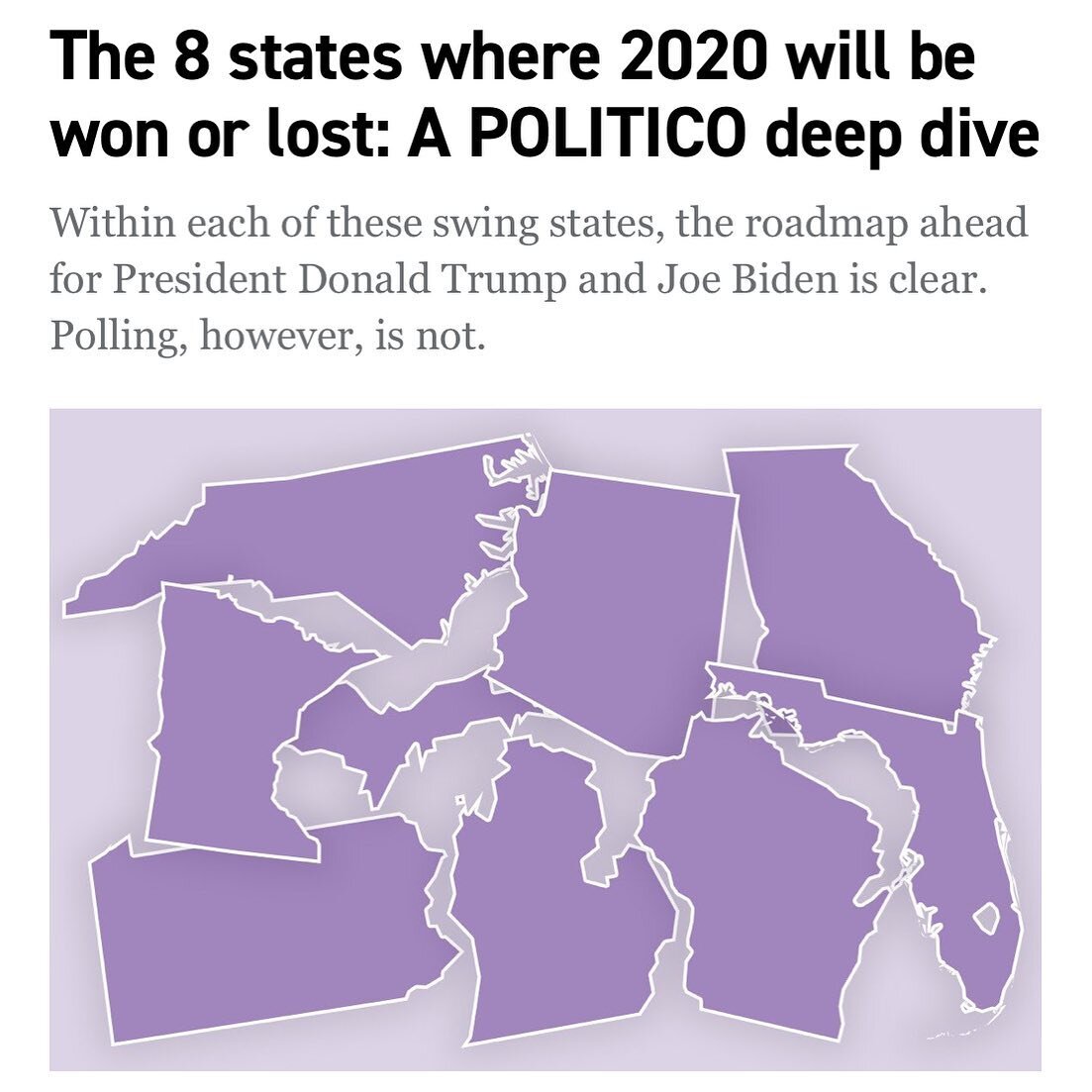 These purple states will dictate this 2020 election: Arizona, Florida, Georgia, Michigan, Minnesota, North Carolina, Pennsylvania, &amp; Wisconsin. It&rsquo;s important that we urge our friends and family in these states to show up and vote! #wevotew