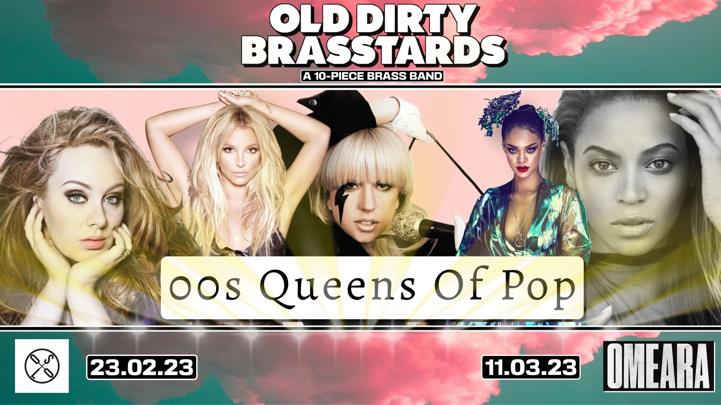 Poster promoting a music event featuring Queen of Pop, with images of four women, event dates on February 23, 2023, and March 11, 2023, and the location OMEARA.